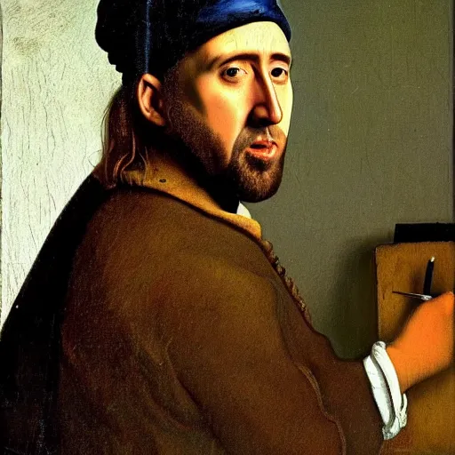 Prompt: Painting of Nicolas Cage as a dutch farmer, painted by Vermeer.