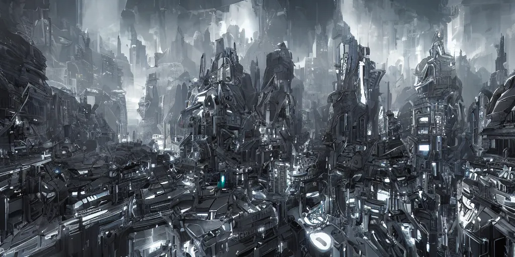 Prompt: gigantic robot futuristic city black white _ artstation