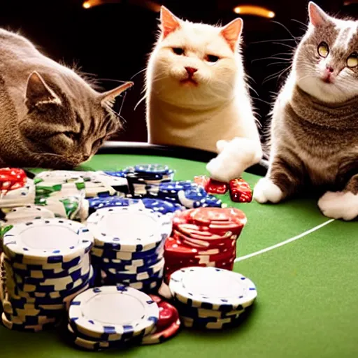 Prompt: fat mobster cats gambling at a poker table single light overhead photo
