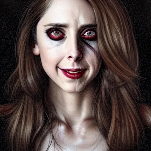 Prompt: gorgeous female Alison Brie, horror movie slasher, slasher movie, realistic character concept, violent pose, creepy smile, shorter neck, illustration, symmetrical face and body, realistic eyes, cinematic lighting, hyperdetailed, detailed realistic symmetrical eyes, face by artgerm, symmetrical nose, Tom Bagshaw, single face, insanely detailed and intricate, beautiful, elegant, dark living room background