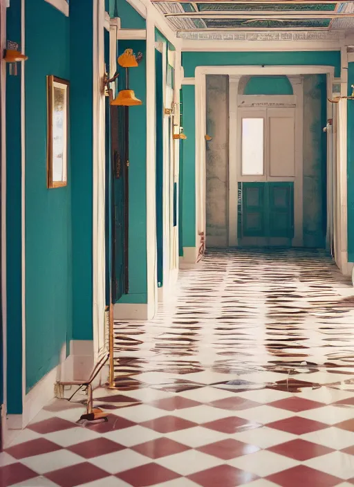 Image similar to photograph of a hallway in the style of Wes Anderson, architecture magazine, dezeen, 50mm, pentax, film