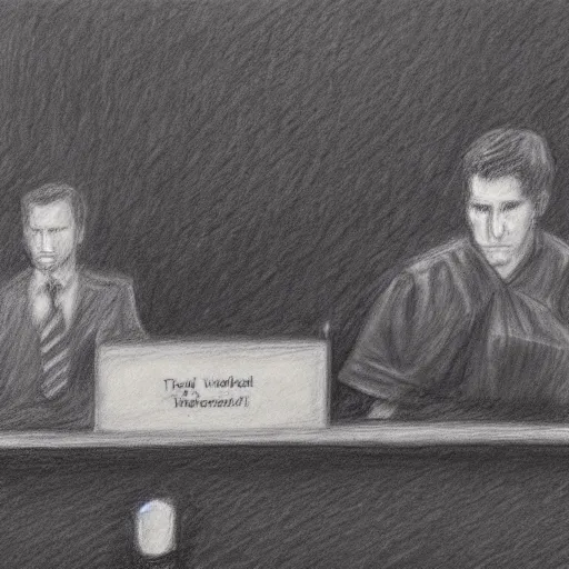 Image similar to todd howard courtroom sketch, charcoal on paper