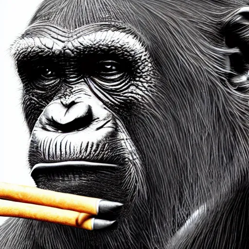 Image similar to a high detail photo of donald trump smoking a cigarrette, subject= chimp, subject detail: extremly detailed, subject action: smoking a cigar, photorealism, dramatic lighting, award winning photograph, trending on artstation