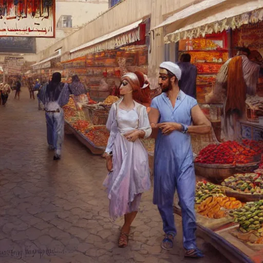 Prompt: a beautiful portrait painting of a couple shopping in a sunny market in north africa, masterpiece by famous artist nasreddine dinet and eugene de blaas and greg rutkowski and artgerm and wlop, path tracing, intricate, elegant, highly detailed, digital painting, artstation, concept art, smooth, sharp focus