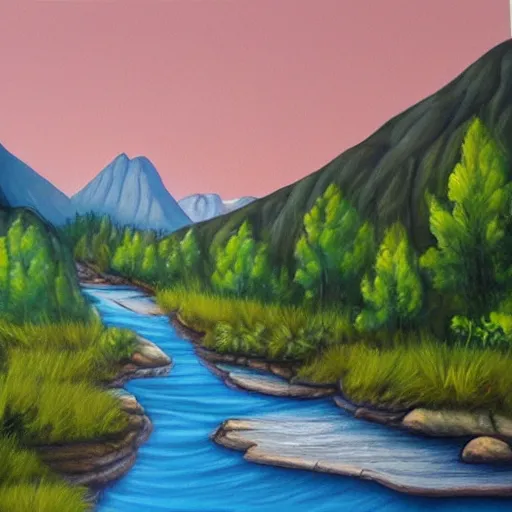 Prompt: A photorealistic painting of a landscape, with mountains, forests, and a river winding through it, in natural colors.