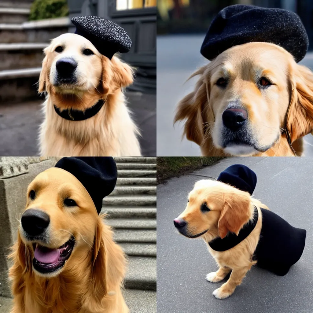 Prompt: a golden retriever dog wearing a beret and black turtleneck