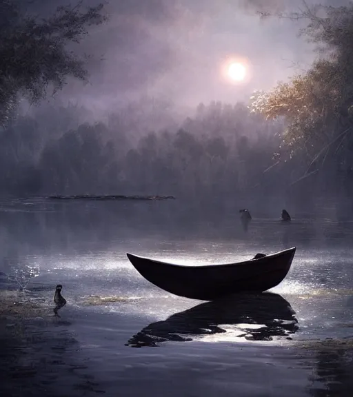 Image similar to three crows in a little boat in a swamp, volumetric lighting, majestic light, octane render, ethereal glare of the sun, hyperrealistic, epic, masterpiece, by greg rutkowski