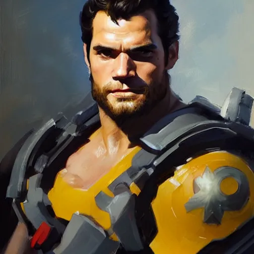 Image similar to greg manchess portrait painting of henry cavill as overwatch character, medium shot, asymmetrical, profile picture, organic painting, sunny day, matte painting, bold shapes, hard edges, street art, trending on artstation, by huang guangjian and gil elvgren and sachin teng