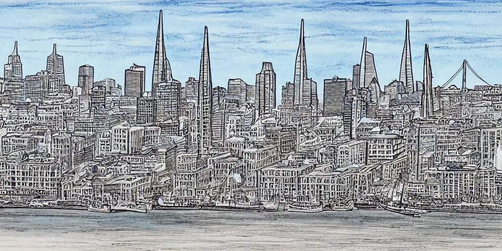 Prompt: san francisco harbor pen art by stephen wiltshire