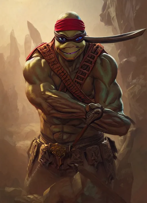 Image similar to Portrait of ninja turtle, D&D, muscular, fantasy, intricate, elegant, highly detailed, digital painting, artstation, concept art, smooth, sharp focus, illustration, art by artgerm and greg rutkowski and alphonse mucha