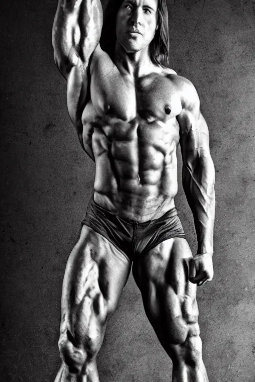 Image similar to Matthew Mercer is a jacked muscle builder gigachad, grayscale photography