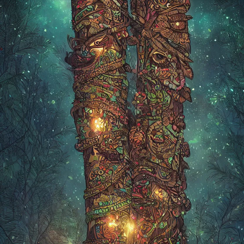 Image similar to close - up view of an indigenous totem pole glowing with magical fairy dust surrounded by dark foliage. whimsical fantasy art. highly detailed digital art. high contrast. dark background. trending on artstation