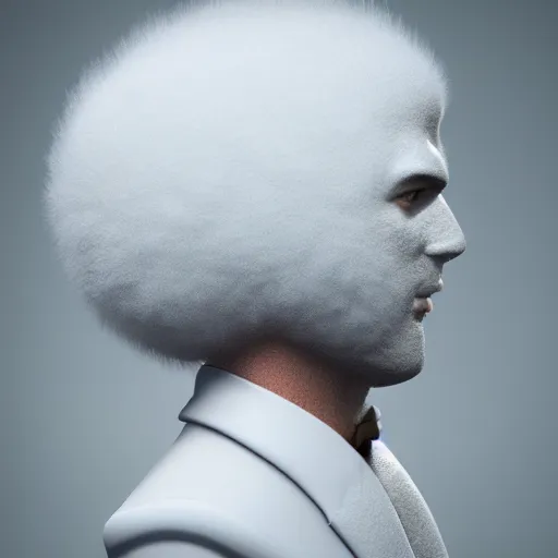 Prompt: beautiful 3D rendered fictional character, his head is made of fluffy clouds, wearing white suit, realistic, 8k, 4k, unreal engine, by Antoni Tudisco, artstation