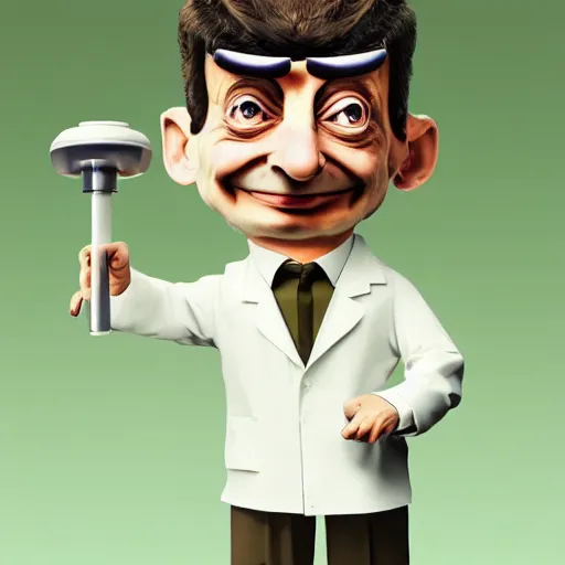 Image similar to mr. bean depicted as a mad scientist, wearing a lab coat, mixing green acids, digital art, trending on artstation and unreal engine