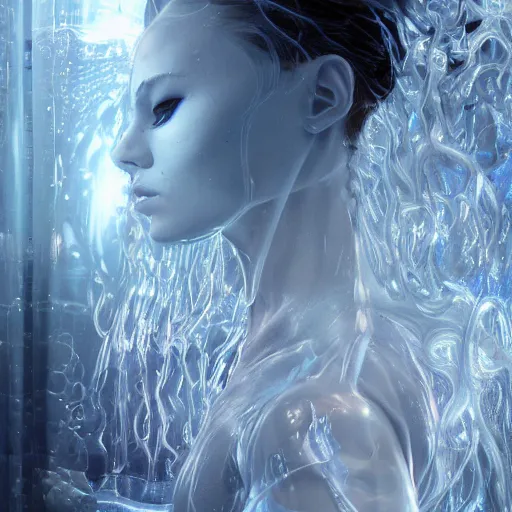 Prompt: girl suspended weightless in water inside glass tank. wearing light blue complex hyperdetailed technical suit. white hair flowing. reflection. rays and dispersion of light. volumetric light. 5 0 mm, f / 3 2. noise film photo. ultra realistic, wide angle. wayne barlowe, hajime sorayama aaron horkey, craig mullins
