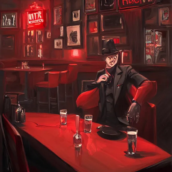 Image similar to the devil monster and a handsome gentleman sitting in a pub, film noir style, black and white and red colors, establishing shot, highly detailed, digital painting, artstation, concept art, smooth, sharp focus, illustration, Unreal Engine 5, 8K, art by artgerm, realistic painting