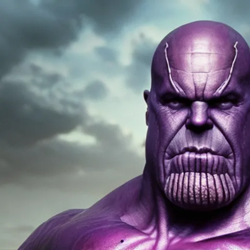 Prompt: thanos but he us is morbidly obese and wears glasses, movie still, cgi render