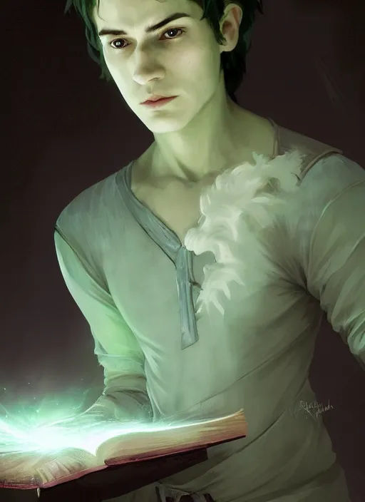 Image similar to character concept portrait of an attractive young focused Spanish wizard with pale green skin enchanting a growing spell, a floating iridescent spell book in the center, intricate, elegant, digital painting, concept art, smooth, sharp focus, illustration, from Metal Gear, by Ruan Jia and Mandy Jurgens and William-Adolphe Bouguereau, Artgerm