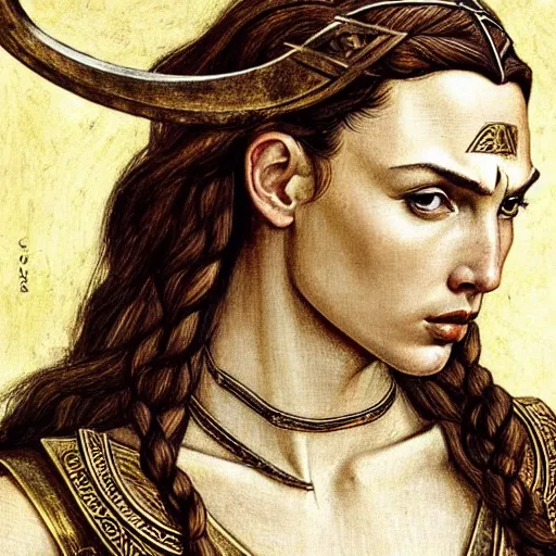 Image similar to gal gadot as a viking shield maiden, elegant portrait by sandro botticelli, detailed, symmetrical, intricate