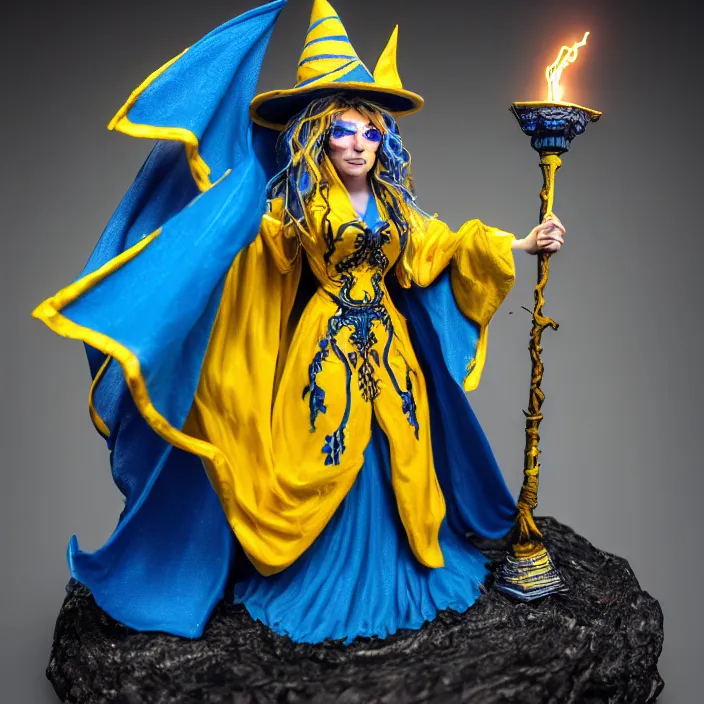 Prompt: photograph of a real - life beautiful!! elemental lightning witch with ornate yellow and blue robes. extremely detailed. 8 k