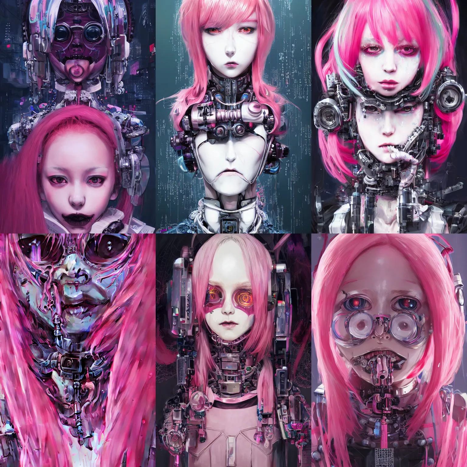 Prompt: by kyoto animation, very creepy cyber clown robot girl pink hair, tears from the eyes, wearing cyberpunk intricate streetwear, beautiful, detailed portrait, intricate complexity, ilya kuvshinov, cell shaded, 4 k, concept art, by wlop, ilya kuvshinov, greg rutkowski, sharp focus, volumetric lighting, cinematic lighting