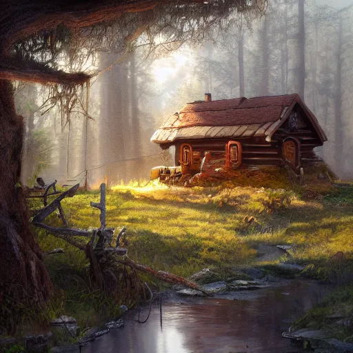 Image similar to cyborg fantasy cabin landscape photprealism ultradetailed digital art, irina french, heraldo ortega, mandy jurgens, golden ratio, art canvas, award winning, masterpiece trending on artstation 8 k 1 5 0 mpx