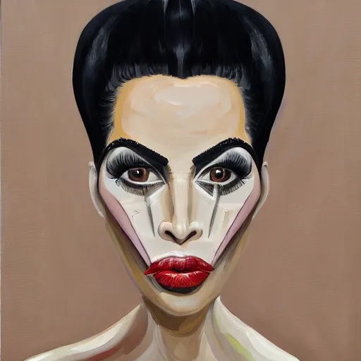 Image similar to grotesque portrait of kim kardashian painted by george condo, intricate, abstract, dark, highly detailed, oil on canvas, terrifying, brilliantly colored, 8 k