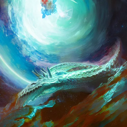 Prompt: prompt crystalline blue, European dragon, devouring a planet, space, sun system, nebula, oil painting, by Fernanda Suarez and and Edgar Maxence and greg rutkowski