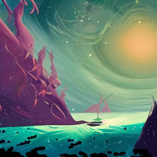 Image similar to sea under starry sky with reefs, light purple tones, animated film, stylised, illustration,, fantasy art, 2 d game art, by eyvind earle, scott wills, genndy tartakovski, roman shipunov, etienne hebinger, atey ghailan, cgsociety, cynical realism