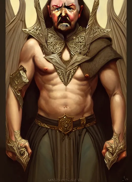 Image similar to portrait of ricky gervais as an elf, d & d, muscular! fantasy, intricate, elegant, highly detailed, digital painting, artstation, concept art, smooth, sharp focus, illustration, art by artgerm and greg rutkowski and alphonse mucha