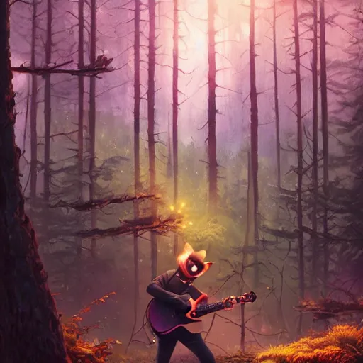 Prompt: racoon playing electric guitar in a forest, fantasy art by greg, loish, rhads, ferdinand knab, tom bagshaw, makoto shinkai and lois van baarle, rossdraws, ilya kuvshinov, night lighting, trending on studio ghibli, highly detailed, 8 k, octane render