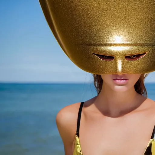 Prompt: close up of a female fashion model in year 3000 at beach, model wearing a huge surreal Avant-garde helmet in gold, photography , official Versace editorial , highly detailed