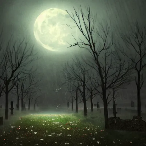 Prompt: a lonely graveyard at night, the moon shine is falling on a specific grave with a sakura tree beneath it also there's the fall of super mad and with extrem anger lucifer, its raining and the atmosphere is oppressive dark with many shadows and dark red highlights, concept art by aleksandra waliszewska, cinematic atmosphere