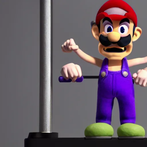 Image similar to waluigi on the gym, claymation, 8 k, hyperdetalied, cgsociety,