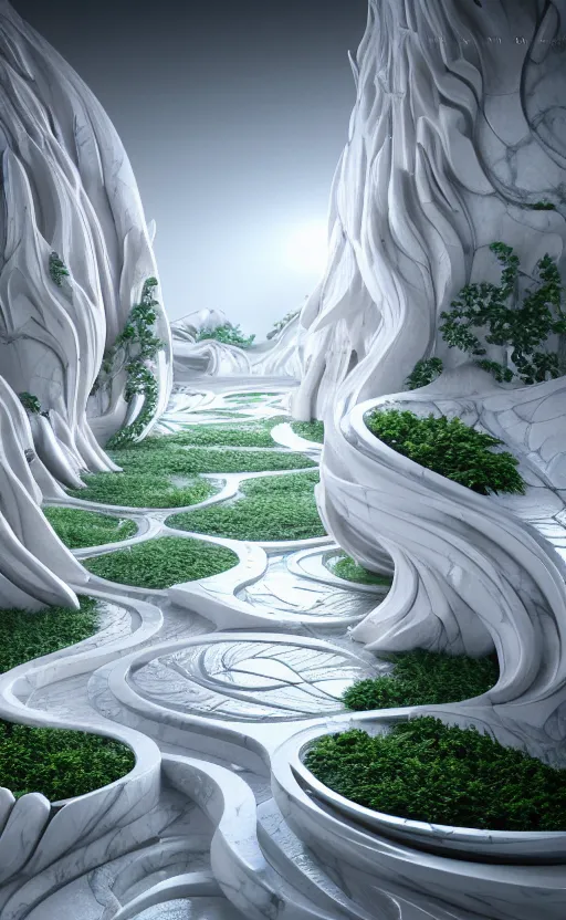 Prompt: highly detailed ultra sharp 3 d render cinematic composition of a smooth white ceramic porcelain magnolia stone white fluid fractal sci - fi surreal architecture landscape, marble, magnesium, silver, foliage, archviz, vincent callebaut composition, mamou - mani, beautiful lighting, 8 k, unreal engine, hdr, dof