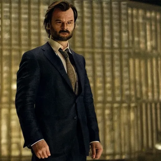 Image similar to kurdish capitalist wearing a suit, dressed smart, in a movie directed by christopher nolan, movie still frame, promotional image, imax 7 0 mm footage