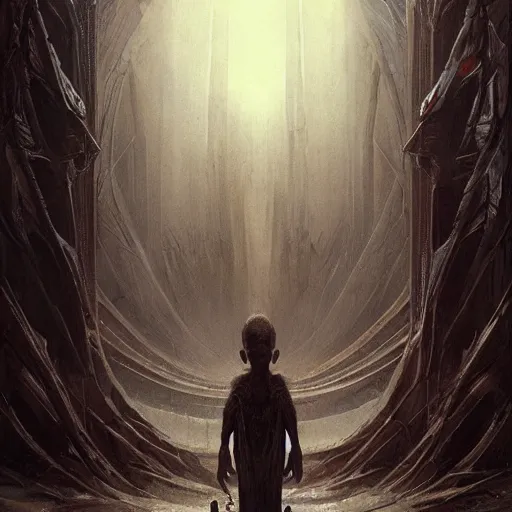 Prompt: a beautiful terrifying immense pale humanoid giant looms over a tiny human. ethereal horror fantasy art by greg rutkowski and hr giger