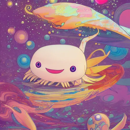 Image similar to axolotl by takashi murakami,, beeple and james jean, aya takano color style, 4 k, super detailed, night sky, digital art, digital painting, celestial, majestic, colorful