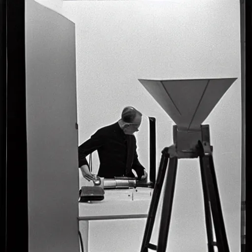 Image similar to filmstill of Marcel Duchamp working on a futuristic machine, long exposure, minimal composition, rule of thirds, archival pigment print