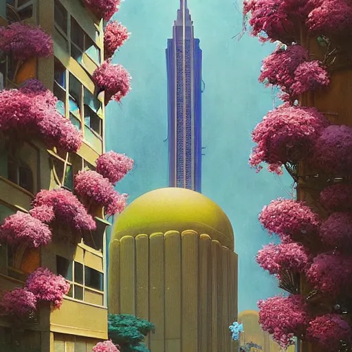 Image similar to a painting of an art deco building surrounded by flowers, a watercolor and matte painting by beeple and rhads and maxfield parrish, cgsociety, artdeco, dystopian art, sci - fi, artstation hq