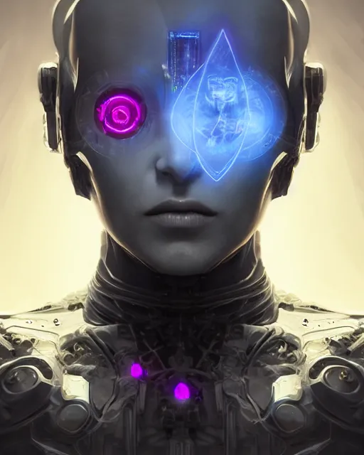 Prompt: benevolent android necromancer, aura of light, intelligent, friendly, artificial intelligence, scifi, futuristic, highly detailed, trending on artstation, advanced technology, art by vitaly bulgarov and nivanh chanthara and lance wilkinson