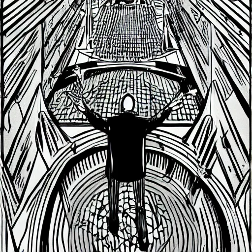 Prompt: the saint of broken dreams pontificating to an empty room, geometric, eldritch horror, modern, comic style, minimal,