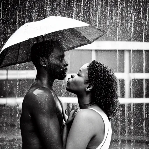 Image similar to african american man and blonde woman kissing in the rain at a pool.