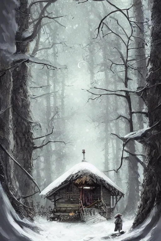 Prompt: a storybook ramshackle multistory tree hut in the snowy woods, elegant, fantasy, highly detailed, digital painting, concept art, sharp focus, illustration, artstation, fairytale style