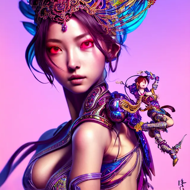 Image similar to studio portrait of colorful female divine mech dancer as absurdly beautiful, elegant, young sensual gravure idol, ultrafine hyperrealistic detailed face illustration by kim jung gi, irakli nadar, intricate linework, sharp focus, bright colors, matte, octopath traveler, final fantasy, unreal engine highly rendered, global illumination, radiant light, intricate environment