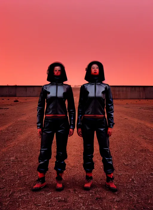 Image similar to photographic portrait shot on cinestill 5 0 d of two loving clones, techwear women on a desolate plain with a red sky, a brutalist dark metal facility in the background, dust storm, 3 5 mm, 8 k, depth of field, high resolution, ultra realistic faces