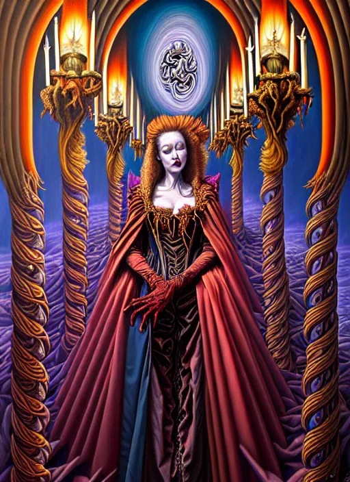 Image similar to beautiful oil painting, full length portrait of vampire dauphinois in baroque coronation robes 1 7 0 1, dan mumford, dan mumford, alex grey, hyacinthe rigaurd, highly detailed, lsd visuals, dmt fractal patterns, visionary art, psychedelic art, ornate, vaporwave, baroque, greg rutkowski