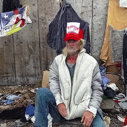 Image similar to donald trump dressed as a homeless man living in the slums