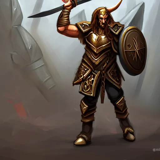 Image similar to Minotaur warrior with axe, human body, bull head, concept art, paladin golden armor, high details, symmetrical, full body, digital painting, dark fantasy, guildwar artwork