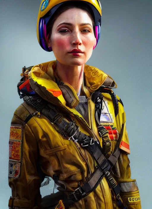 Image similar to detailed full body concept art illustration colorful oil painting of a female pilot in full intricate clothing, ultra detailed, digital art, octane render, 4K, dystopian, micro details, hyper realistic